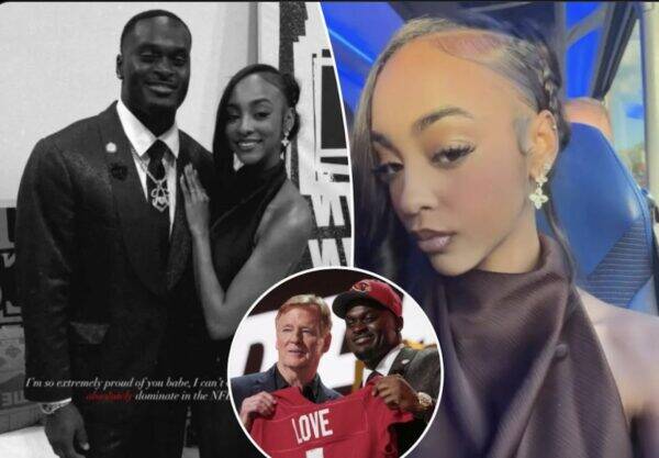 A couple posing together in a split collage, left in black‑and‑white formal attire, right a woman in a car taking a selfie, with a circular inset of two men holding a red jersey labeled 'LOVE' at the bottom.