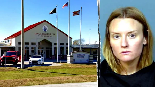 Split image: left shows Cocoa Beach Jr/Sr High School exterior with flags and parked cars; right shows a close-up of a woman with blonde hair looking at the camera.