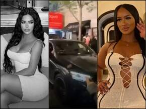 Three-panel collage: left shows a woman in a white dress posing indoors; middle depicts a busy street with a dark car and pedestrians; right features a woman in a white/form-fitting dress indoors.
