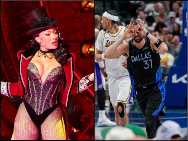 Left: a glamorous burlesque performer in a glittery red corset and top hat; right: a Dallas Mavericks basketball player in a black-and-blue jersey making eye-circle gestures with his hands.