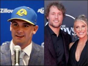 Left: man wearing a blue cap with a yellow brim and a plaid suit speaks into a microphone. Right: a man in a dark suit and a woman in a black dress smile for the camera on a red carpet.
