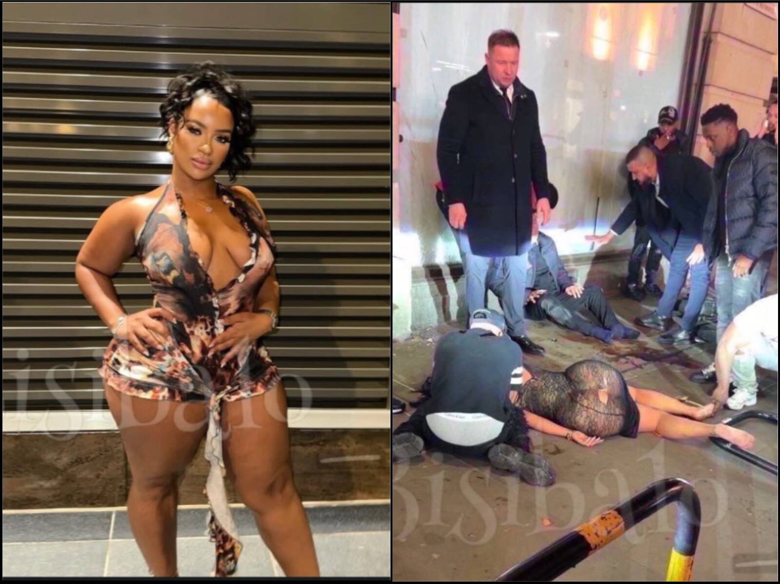 Left: woman posing in a floral dress and heels in front of a metal shutter. Right: group of people gathered around a person lying on the sidewalk near a storefront, some kneeling or assisting.