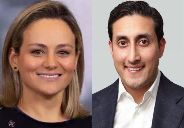 Side-by-side headshots: smiling blonde woman on the left, wearing a dark top, and smiling man in a suit on the right.
