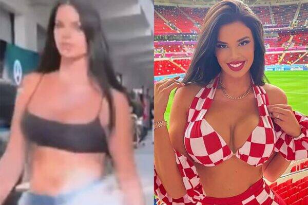 Two-panel image of a woman: left panel is a blurry indoor shot in a black bikini top; right panel shows the same woman at a stadium in a red-and-white checkered outfit, smiling.] ,