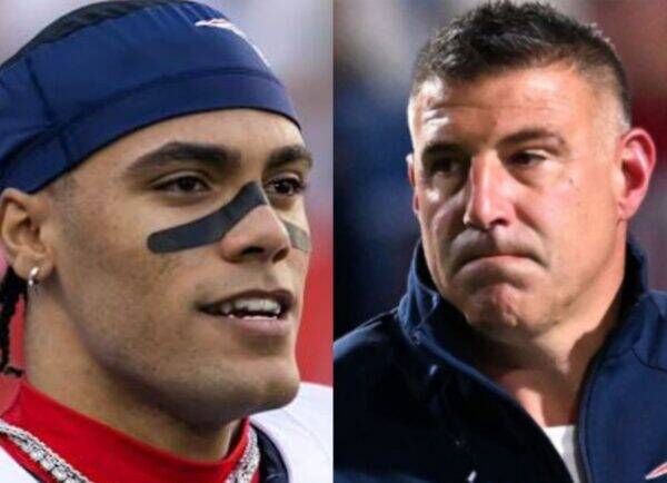Side-by-side close-up of two men: left is a swimmer wearing a blue cap and eye black, right is a man with short dark hair in a navy jacket looking thoughtful.