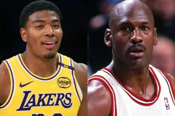 Split image showing two basketball players: left in a yellow Lakers jersey, right in a white Bulls jersey, close-ups of their faces.
