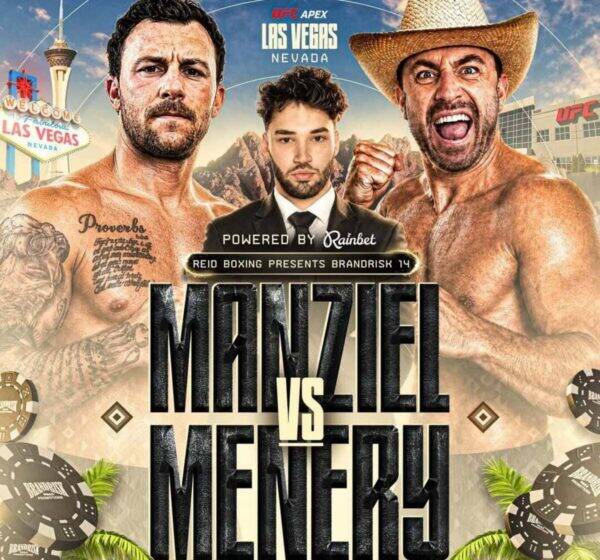 Promo UFC poster in Las Vegas showing two muscular fighters flanking a suited man in the center with a large VS graphic and event branding in the background.