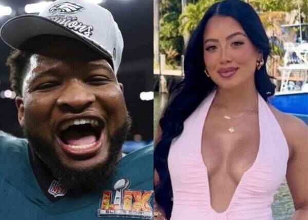 Split image: left a man in an Eagles cap celebrating with Super Bowl rings; right a woman with dark hair in a pink halter dress by the water.