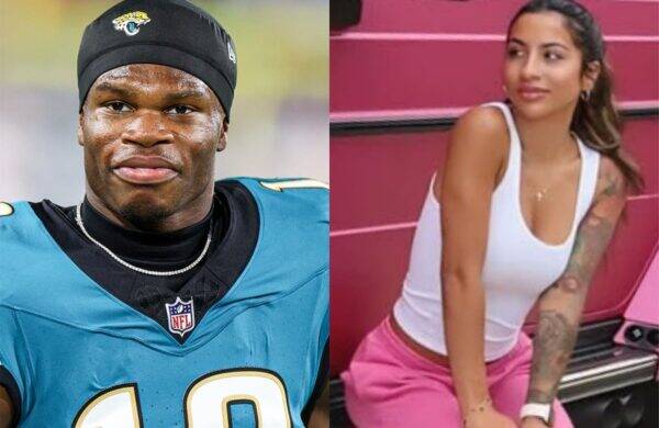 Split image: left shows a Black NFL player in a teal Jaguars jersey and black cap; right shows a woman in a white tank top and pink pants posing beside a pink backdrop.