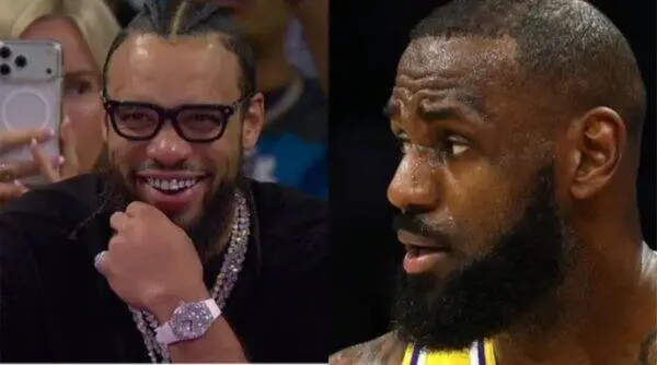 Side-by-side image: on the left a smiling man with glasses and diamond chains taking a selfie; on the right a sweaty basketball player with a beard looking to his left.