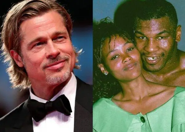Split image: man in a tuxedo on the left and a smiling couple in green on the right.