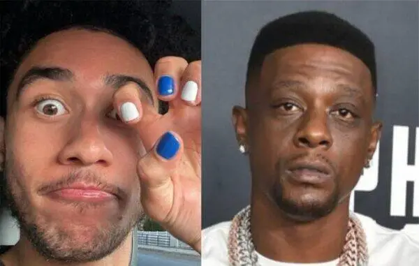 Two-panel image: left shows a man with blue and white painted nails making a playful eye gesture; right shows a man with a serious expression and chains.