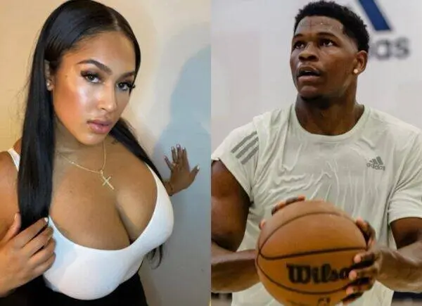 Split image: woman with long black hair in a white top and cross necklace on the left, man in a gray athletic shirt holding a basketball on the right.