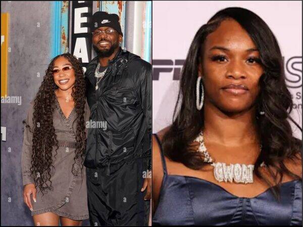 Left: a smiling couple posing at an event; woman with long curly braided hair in a brown dress, man in a black outfit and cap in the background. Right: close-up of a woman wearing a large diamond necklace and hoop earrings at a formal event.