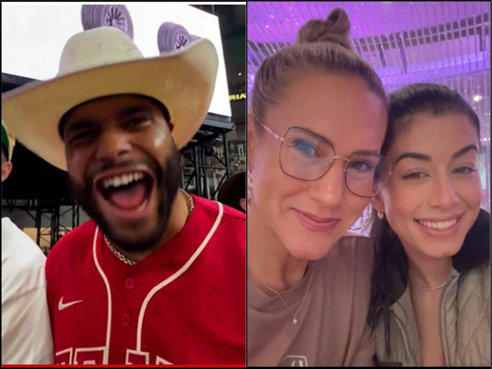 Two friends posing for a split-screen selfie: man in a red sports jersey with a wide hat laughing on the left, and two women smiling close together on the right under purple lighting.