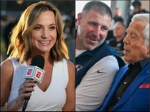Two-panel image: left shows a smiling female reporter holding a microphone with ESPN logos, speaking to camera; right shows a man in a blue jacket talking warmly to an elderly man at a public event.