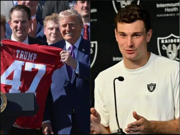 Split image: left shows a man in a suit holding a red 'TRUMP 47' jersey; right shows a man in a white Raiders shirt speaking at a microphone on a backdrop with logos.