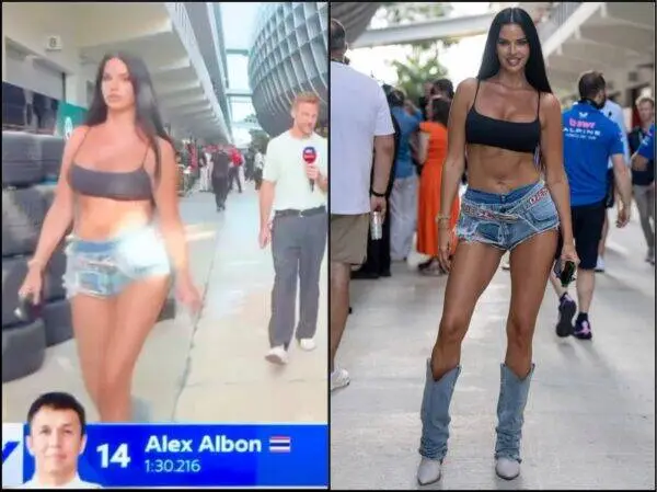 Woman in gray sports bra and cut-off denim shorts walking outside a venue with a camera crew nearby; split-screen with a reporter in the left panel and a model in a black crop top on the right panel.