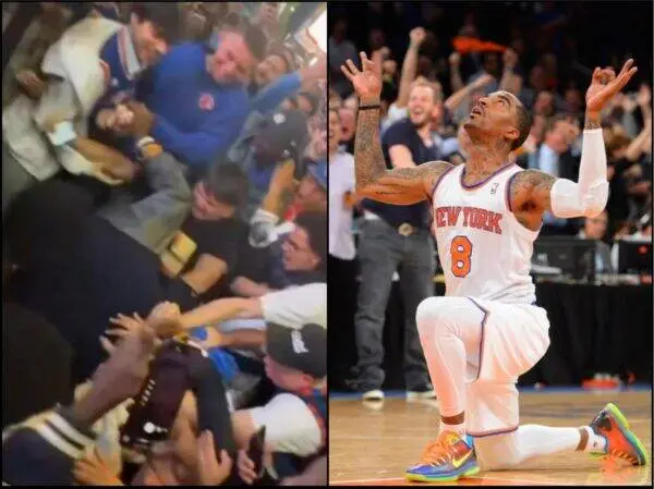 Left: chaotic crowd confrontation among fans in a venue; right: basketball player in Knicks jersey (#8) kneeling in celebration with arms raised