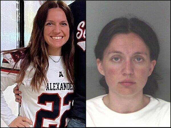 Split image: left a smiling woman in a white sports jersey with 'Alexander' and number 23; right a mugshot-style portrait of a woman in a white shirt.