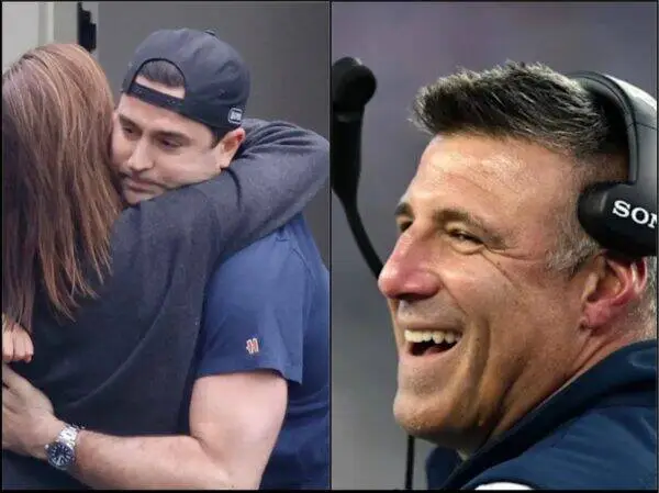 Two-panel collage: left shows a man in a blue shirt embracing someone with long hair; right shows a man wearing headphones and smiling.