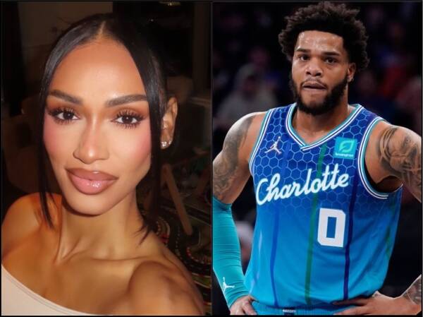 Split image showing a close-up portrait of a woman on the left and a male basketball player in a Charlotte Hornets jersey on the right.