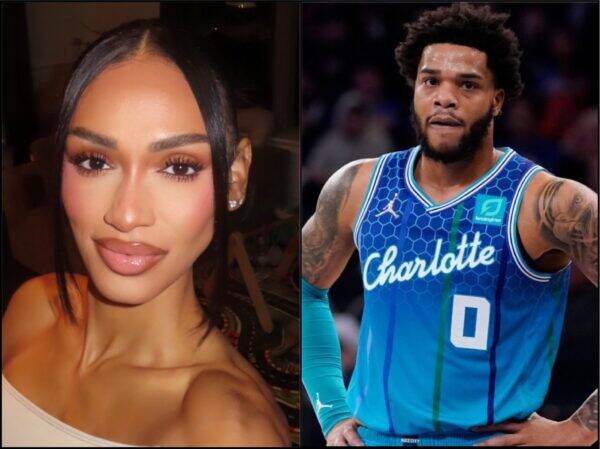Split image showing a close-up portrait of a woman on the left and a male basketball player in a Charlotte Hornets jersey on the right.
