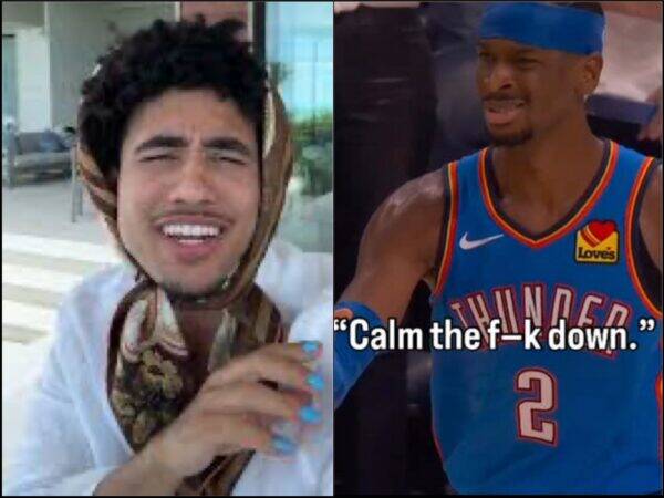 Two-panel image: left shows a smiling man with a patterned scarf around his neck, outdoors. Right shows a Thunder basketball player in a blue jersey (number 2) with the caption 'Calm the f—k down.'