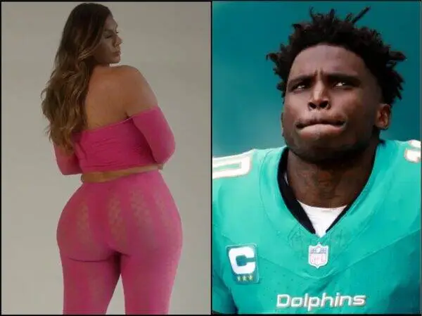 Woman in a pink off-shoulder workout set posed with back to camera on left; right panel shows a Miami Dolphins football player in teal jersey looking upward.