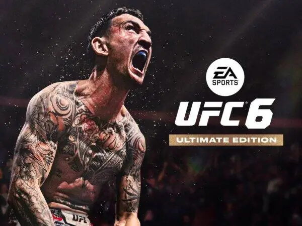 UFC 6 Ultimate Edition cover featuring a tattooed fighter shouting in a crowd, EA Sports logo visible.