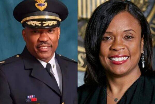 Side-by-side portraits: a man in formal military dress uniform on the left and a smiling woman in black on the right.