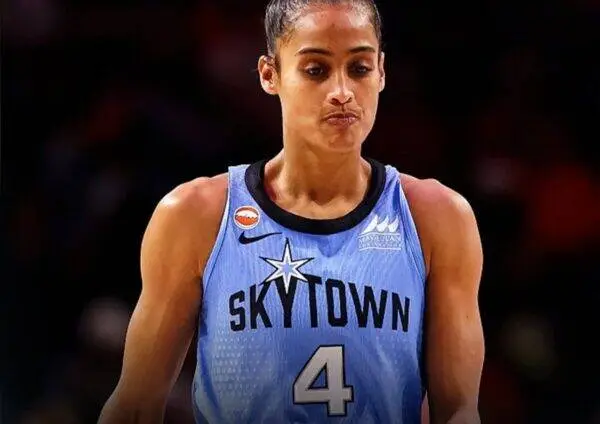 Female basketball player wearing a light blue SkyTown jersey with number 4, looking focused on the court.