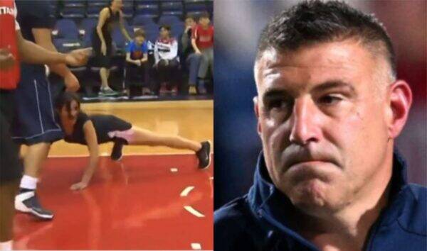 Collage: left side shows a person in a black shirt and shorts doing a push-up or planche on a basketball court with spectators in the background; right side shows a close-up of a man with a serious expression wearing a dark jacket.