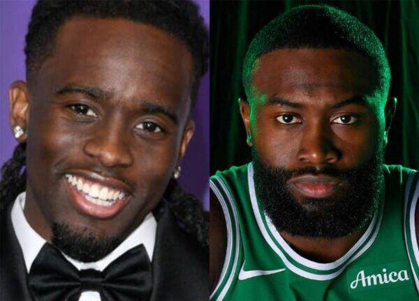 Two men pictured side by side: left wearing a black tuxedo and bow tie, smiling against a purple background; right wearing a green basketball jersey with a full beard, against a dark backdrop.