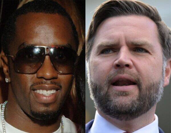 Split image of two men: left a smiling man wearing dark sunglasses and a chain; right a bearded man speaking with an open mouth.