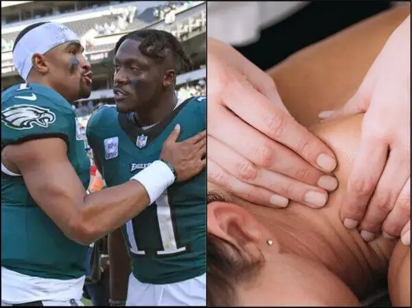 Two Philadelphia Eagles players in uniform hug and celebrate on the field. Left panel shows teammates in teal jerseys. Right panel shows hands massaging a person’s neck/shoulder.