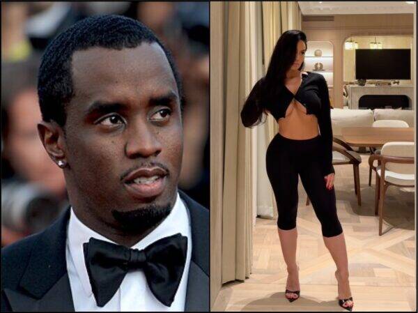 Left: close-up of a man in a black tuxedo looking to the side. Right: woman in a black cut-out top and leggings posing in a modern living room.