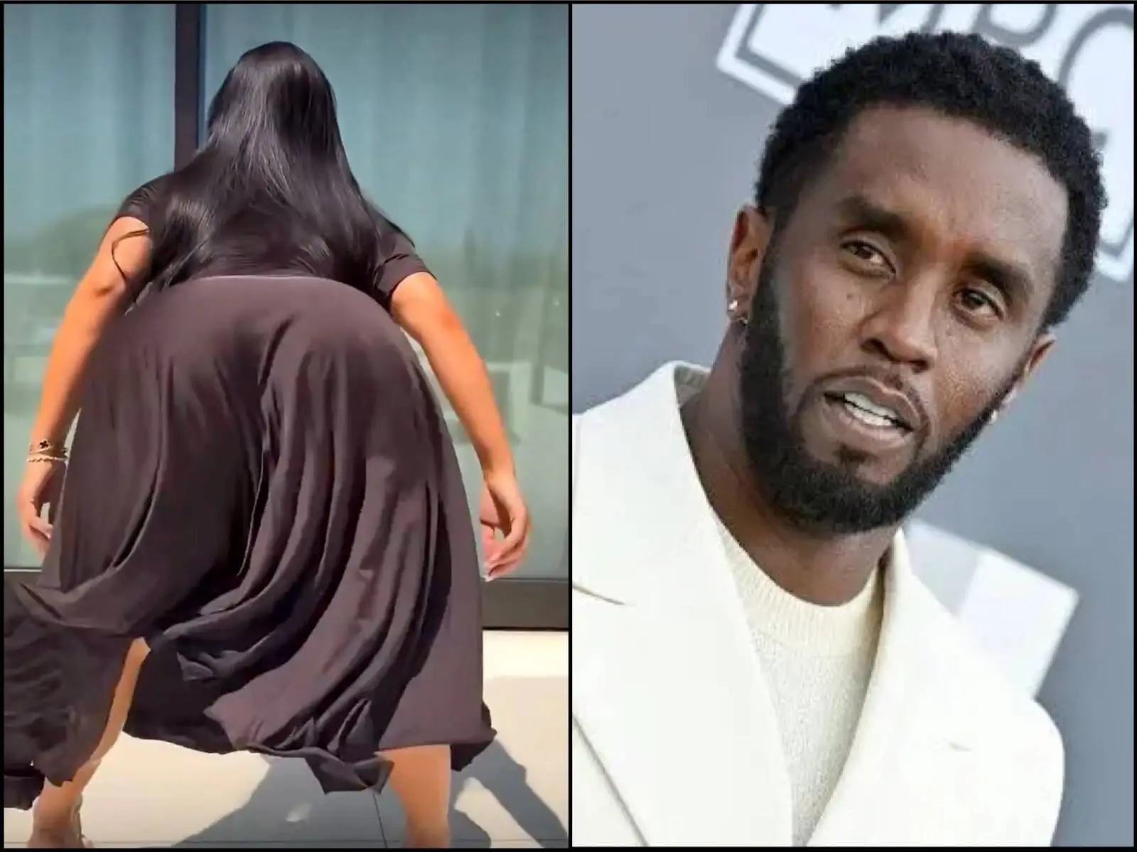 Two-panel collage: left panel shows a woman in a dark dress leaning forward, backsides toward the camera outdoors; right panel shows a man in a light blazer smiling at the camera in a studio setting.