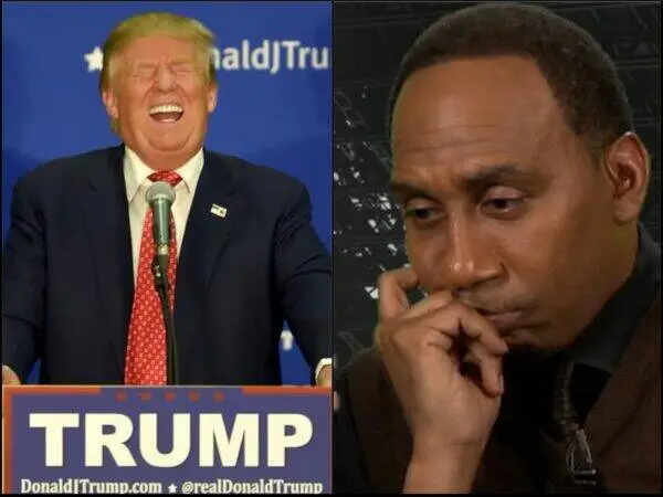 Left: Donald Trump laughing at a podium with a blue backdrop; right: a contemplative Black man on a phone, hand to mouth.
