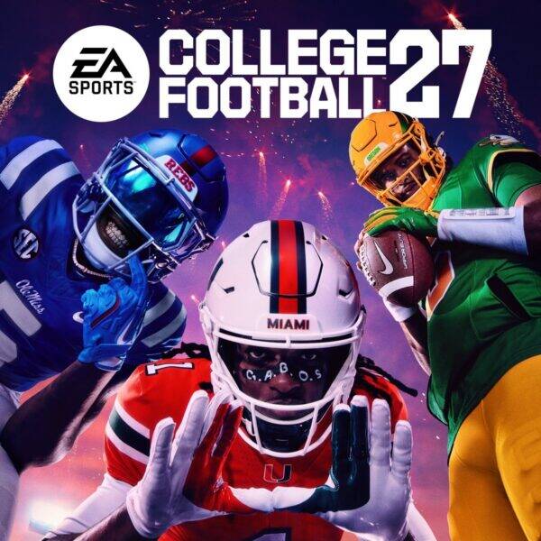 Promo cover for EA Sports College Football 27 showing three football players in colorful uniforms and helmets.