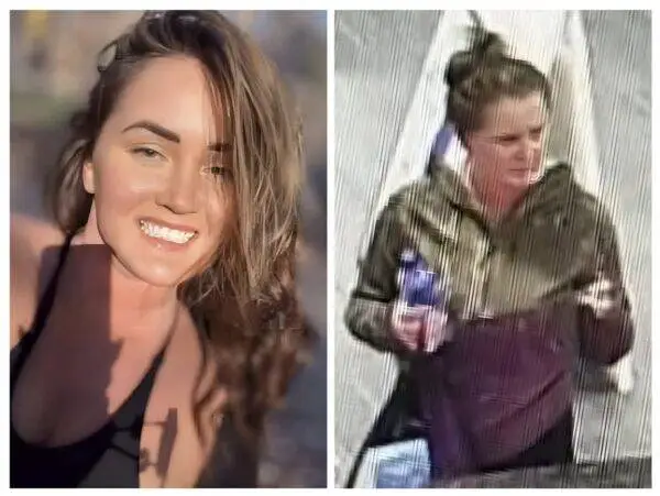 Side-by-side image: left a smiling woman in sunlight; right a person in a green jacket holding a bottle, with heavy motion blur.