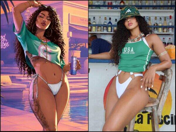 Pair of images showing a woman in revealing outfits: on the left an illustrated, tropical scene with a woman in a green cropped top and white bikini bottom by a pool; on the right a real photo of a woman in a green USA crop top and white bikini bottoms in a bar backdrop wearing a bucket hat.
