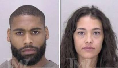 Side-by-side mugshots: left is a bearded man with short-cropped hair, right is a woman with long dark hair.