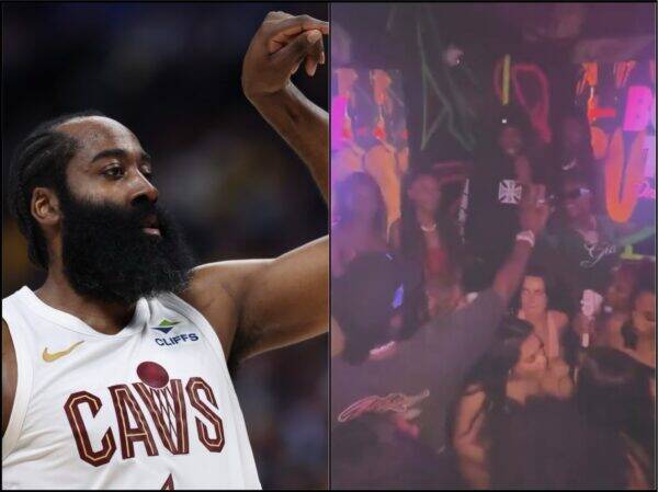 Basketball player in a Cavaliers jersey with a beard raises his fist during a game; close-up on the left panel.