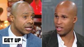 Split-screen image of two Black men in conversation, left in a blue suit and tie, right in a dark blazer; 'GET UP' caption appears on the left.