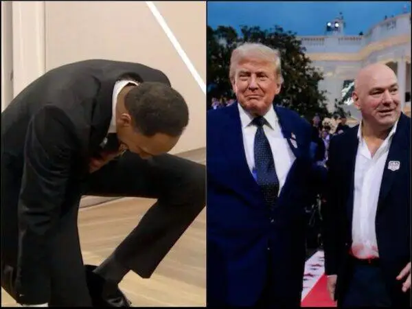 Split image: left panel shows a man in a dark suit bowing indoors; right panel shows two men in suits at an outdoor event during evening.