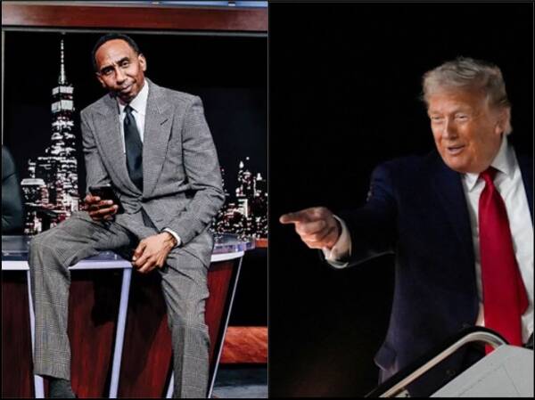 Two-panel image: left shows a man in a gray checkered suit seated on a panel set, holding a phone; NYC skyline backdrop. Right shows former President Donald Trump in a dark suit with a red tie, pointing while speaking at a podium.