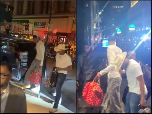 Nighttime street scene split in two: a man in a white shirt and checked pants with a red polka-dot bag beside a crowd behind barriers, near a parked SUV on the left panel.