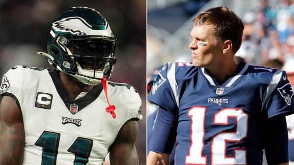 Split image of two NFL players: left is an Eagles player in white jersey and helmet (number 11, captain badge); right is Patriots QB Tom Brady in blue jersey (number 12) looking to the side.