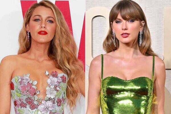 Two women on a red-carpet posing in glamorous gowns: one in a floral-embroidered strapless dress, the other in a shiny green metallic dress.